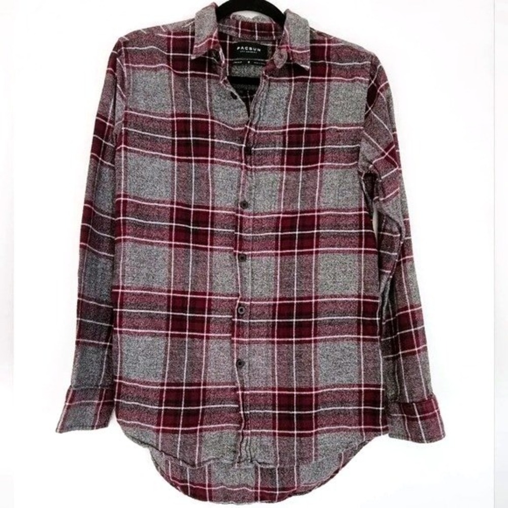 PacSun Flannel Long Sleeve Shirt Burgundy Gray Plaid Longer‎ Fit Size S